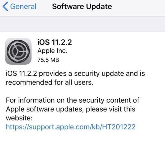 苹果凌晨发布 iOS 11.2.2更新：修复安全漏洞