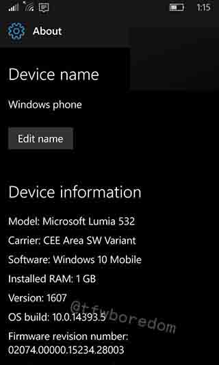 Win10 Mobile一周年更新14393.5的手机截图泄露:机型是Lumia532