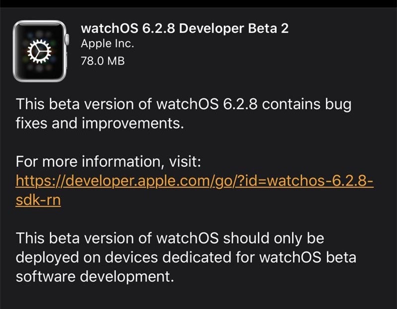 苹果watchOS 6.2.8开发者预览版Beta2推送 提升系统稳定性 