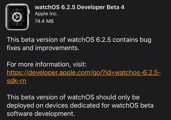 苹果推送watchOS6.2.5开发者预览版Beta4 侧重于错误修复与内部改进